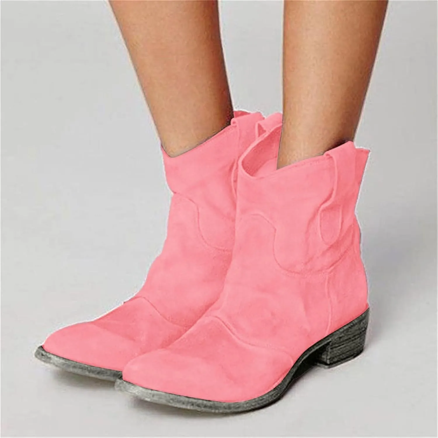 2025 Western Cowboy Ankle Boots for Women,Low Heel Mid Calf Cowgirl Boots Slip On Round Toe Chunky Heel Fashion Retro Classic Boots Suede Back Zipper Fall Short Ankle Booties