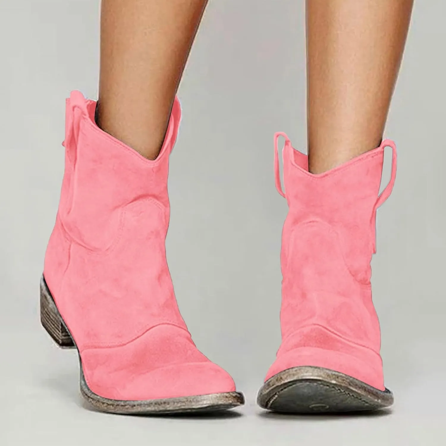 2025 Western Cowboy Ankle Boots for Women,Low Heel Mid Calf Cowgirl Boots Slip On Round Toe Chunky Heel Fashion Retro Classic Boots Suede Back Zipper Fall Short Ankle Booties
