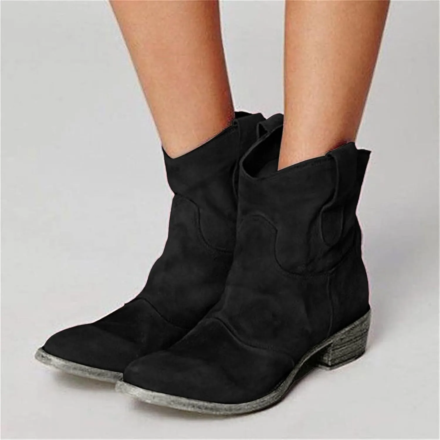 Ankle Boots for Women Fall Fashion Suede Low Heels Cowboy Boots Chunky Stacked Dress Slip On Pointed Toe Vintage Retro Shoes