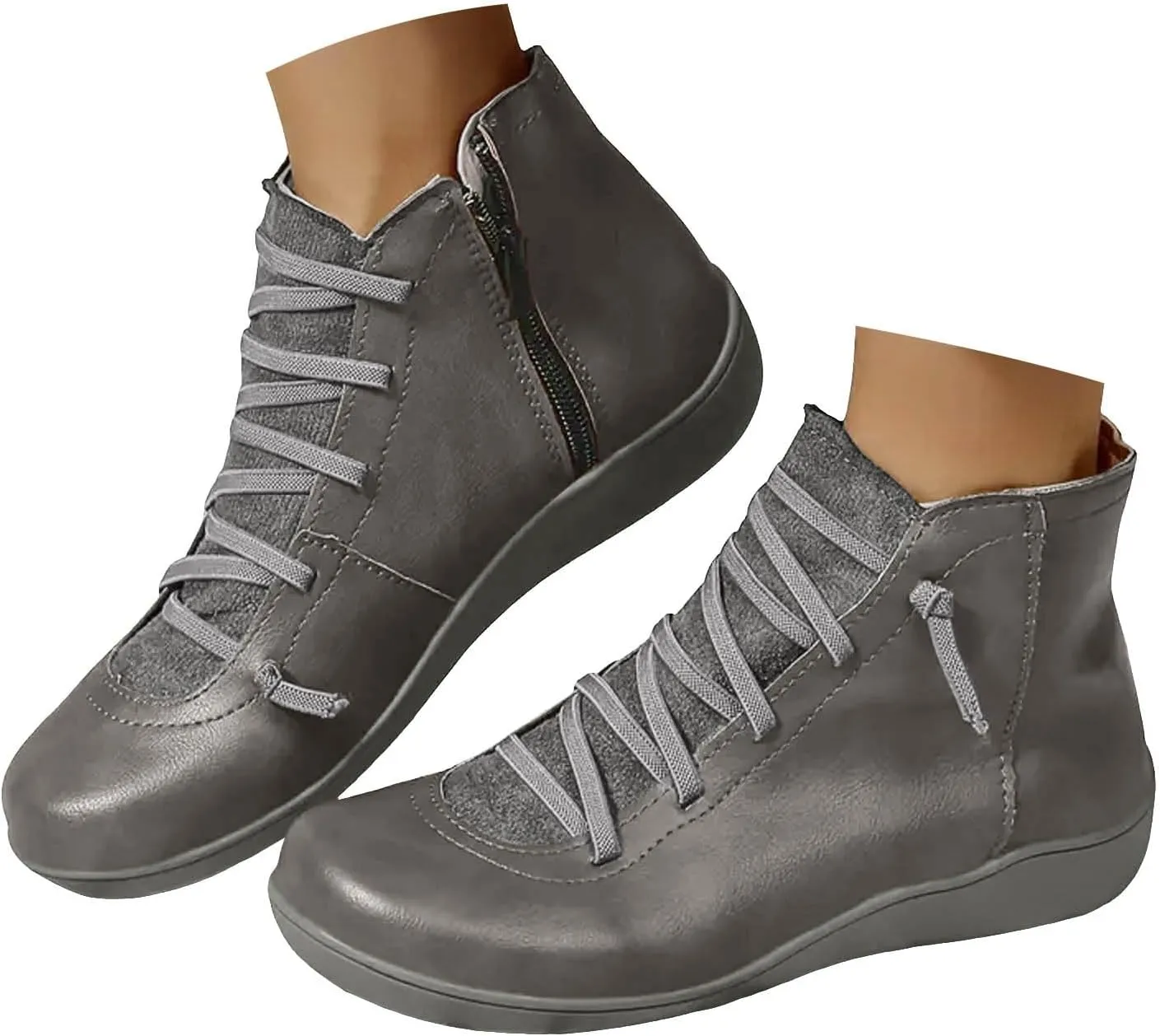 Ankle Boots for Women No Heel, 2024 New Arch Support Boots Fashion Lace Up Side Zipper Vintage Retro Cowboy Booties
