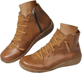 Ankle Boots for Women No Heel, 2024 New Arch Support Boots Fashion Lace Up Side Zipper Vintage Retro Cowboy Booties