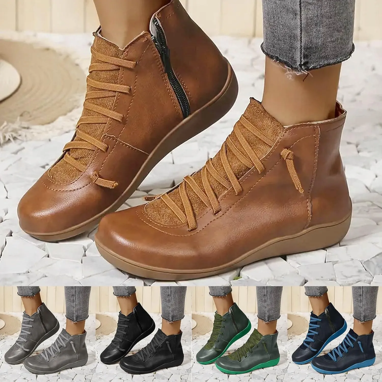 Ankle Boots for Women No Heel, 2024 New Arch Support Boots Fashion Lace Up Side Zipper Vintage Retro Cowboy Booties