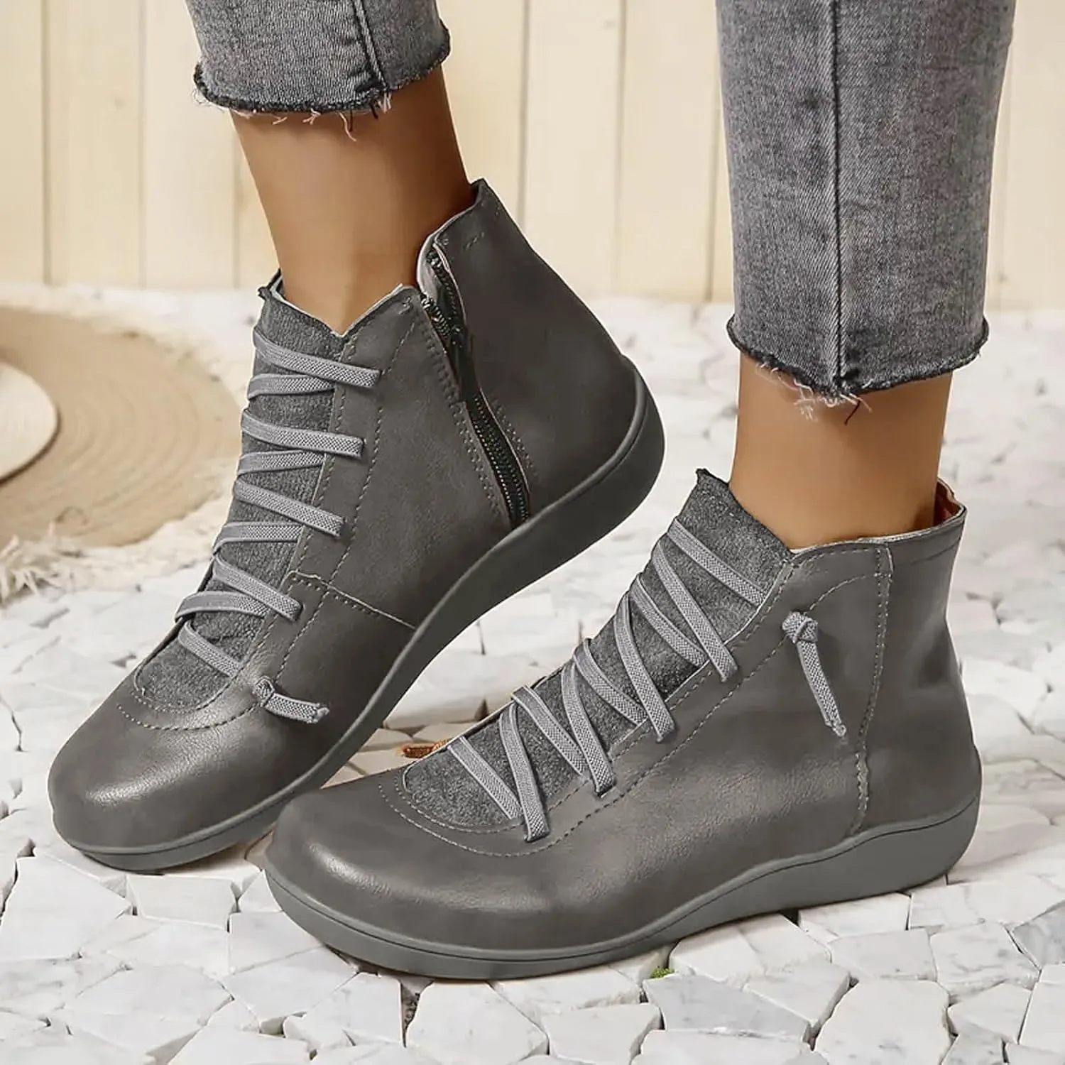 Ankle Boots for Women No Heel, 2024 New Arch Support Boots Fashion Lace Up Side Zipper Vintage Retro Cowboy Booties