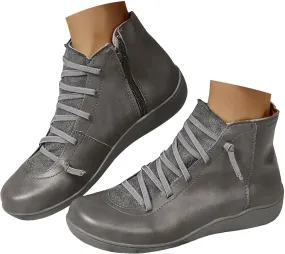 Ankle Boots for Women No Heel, 2024 New Arch Support Boots Fashion Lace Up Side Zipper Vintage Retro Cowboy Booties