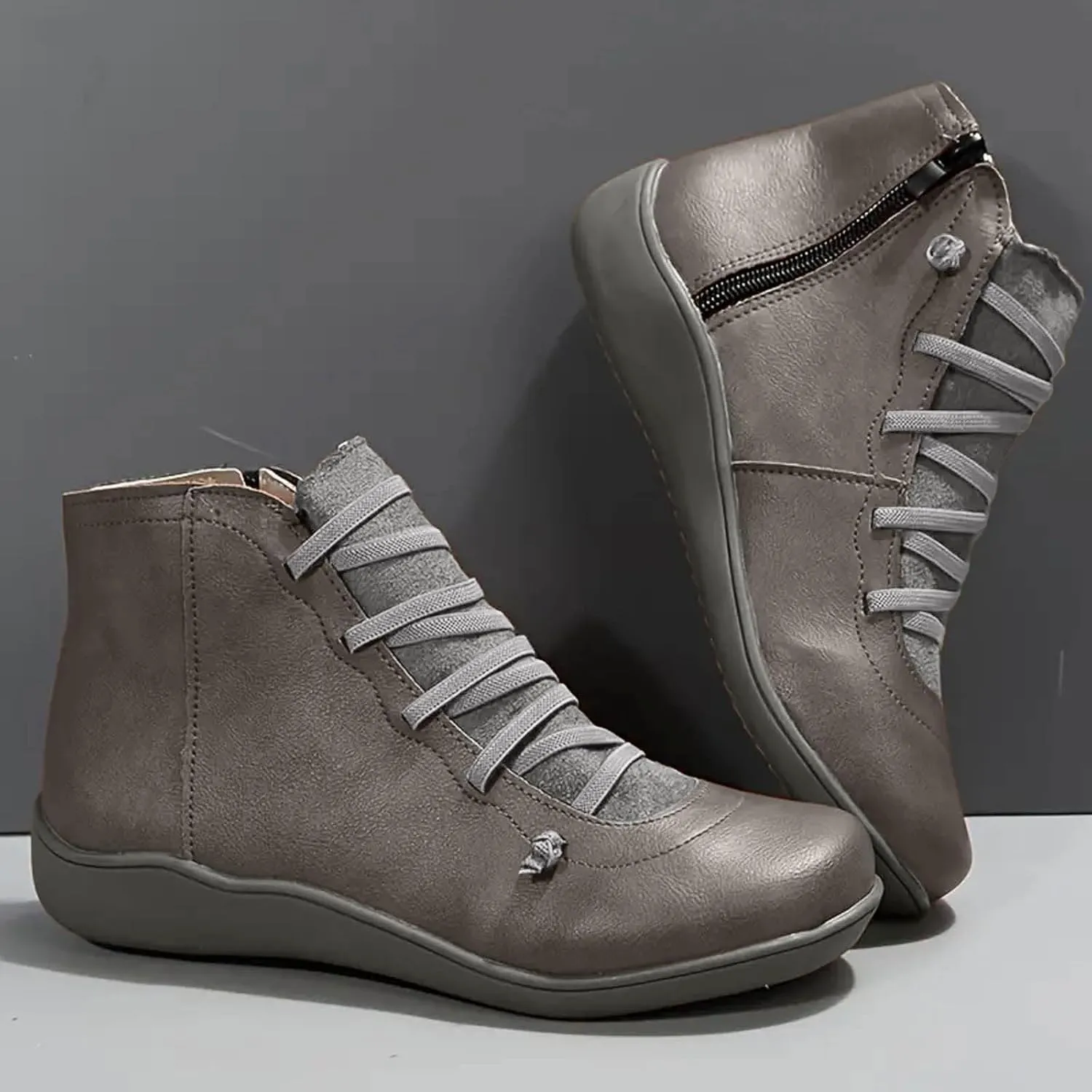 Ankle Boots for Women No Heel, 2024 New Arch Support Boots Fashion Lace Up Side Zipper Vintage Retro Cowboy Booties
