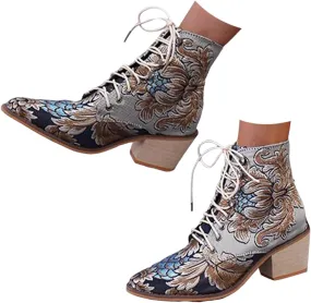 Ankle Boots for Women Retro Printed Pointed Toe Lace-up Embroidered Cowboy Boots for Women Western Ankle Shaft Boot Bootie
