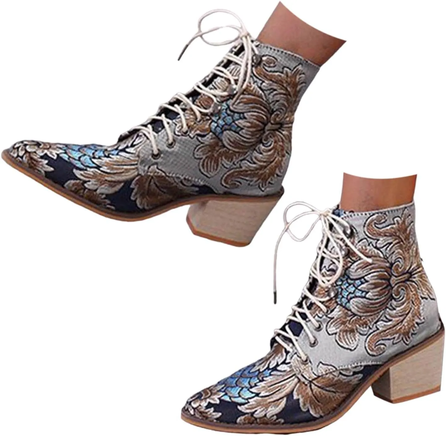 Ankle Boots for Women Retro Printed Pointed Toe Lace-up Embroidered Cowboy Boots for Women Western Ankle Shaft Boot Bootie