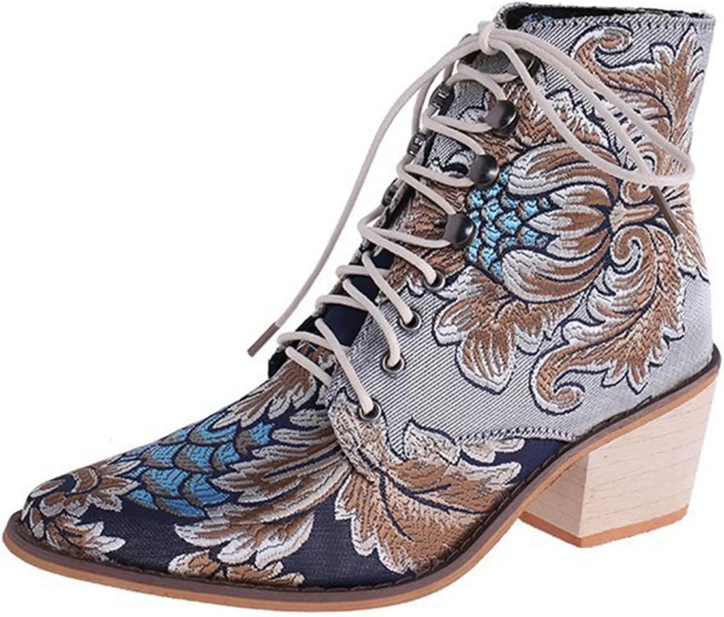 Ankle Boots for Women Retro Printed Pointed Toe Lace-up Embroidered Cowboy Boots for Women Western Ankle Shaft Boot Bootie