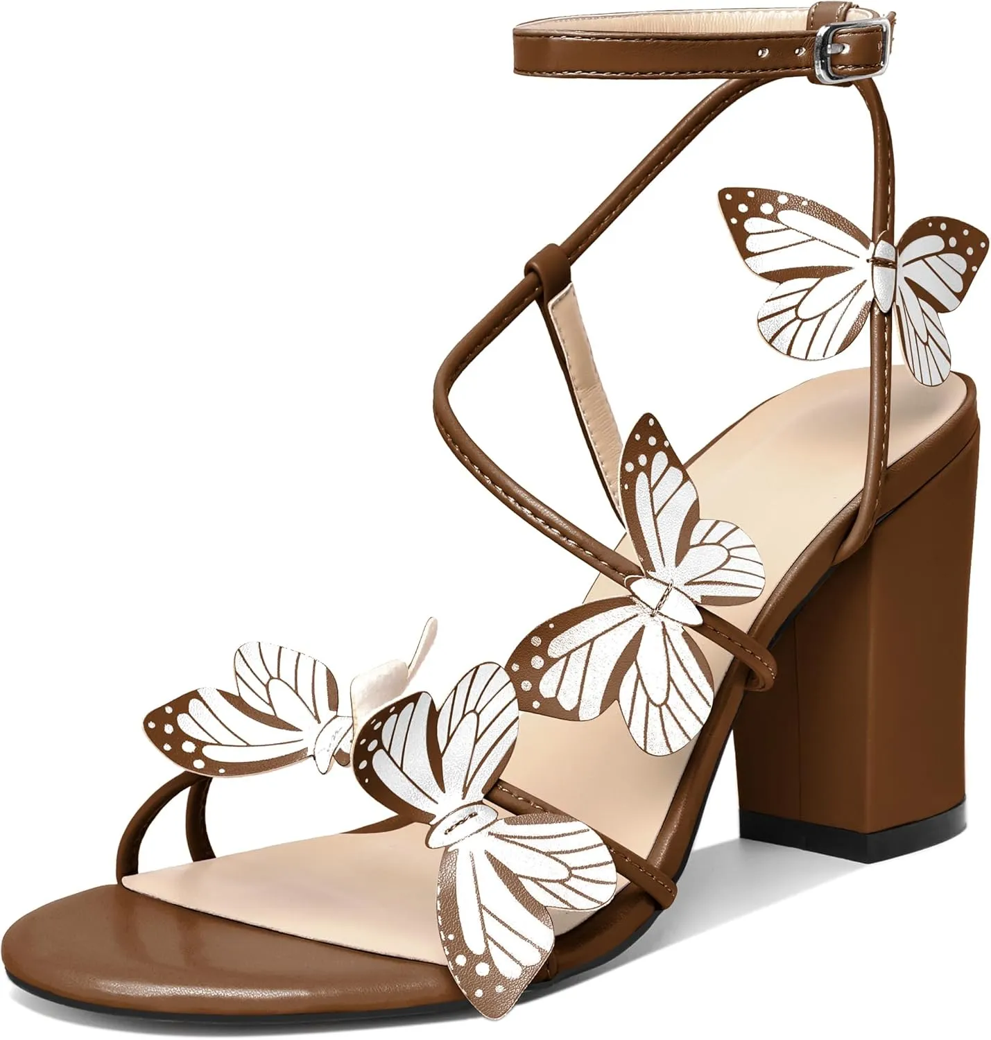 AUMOTED Womens Butterfly Sandals Chunky Block High Heels Strappy Open Round Toe Butterfly Heels 3.4 Inch Wedding Dress Shoes