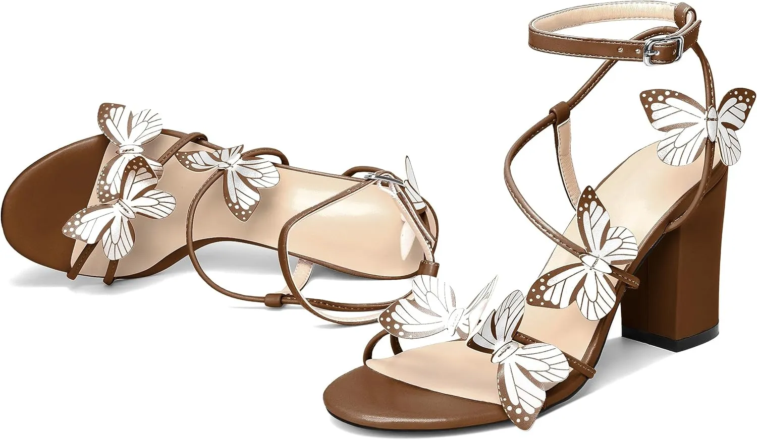 AUMOTED Womens Butterfly Sandals Chunky Block High Heels Strappy Open Round Toe Butterfly Heels 3.4 Inch Wedding Dress Shoes