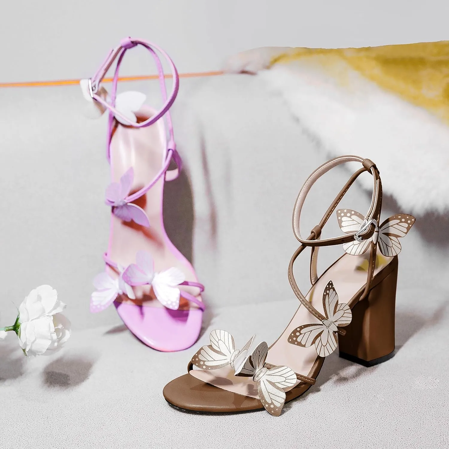 AUMOTED Womens Butterfly Sandals Chunky Block High Heels Strappy Open Round Toe Butterfly Heels 3.4 Inch Wedding Dress Shoes
