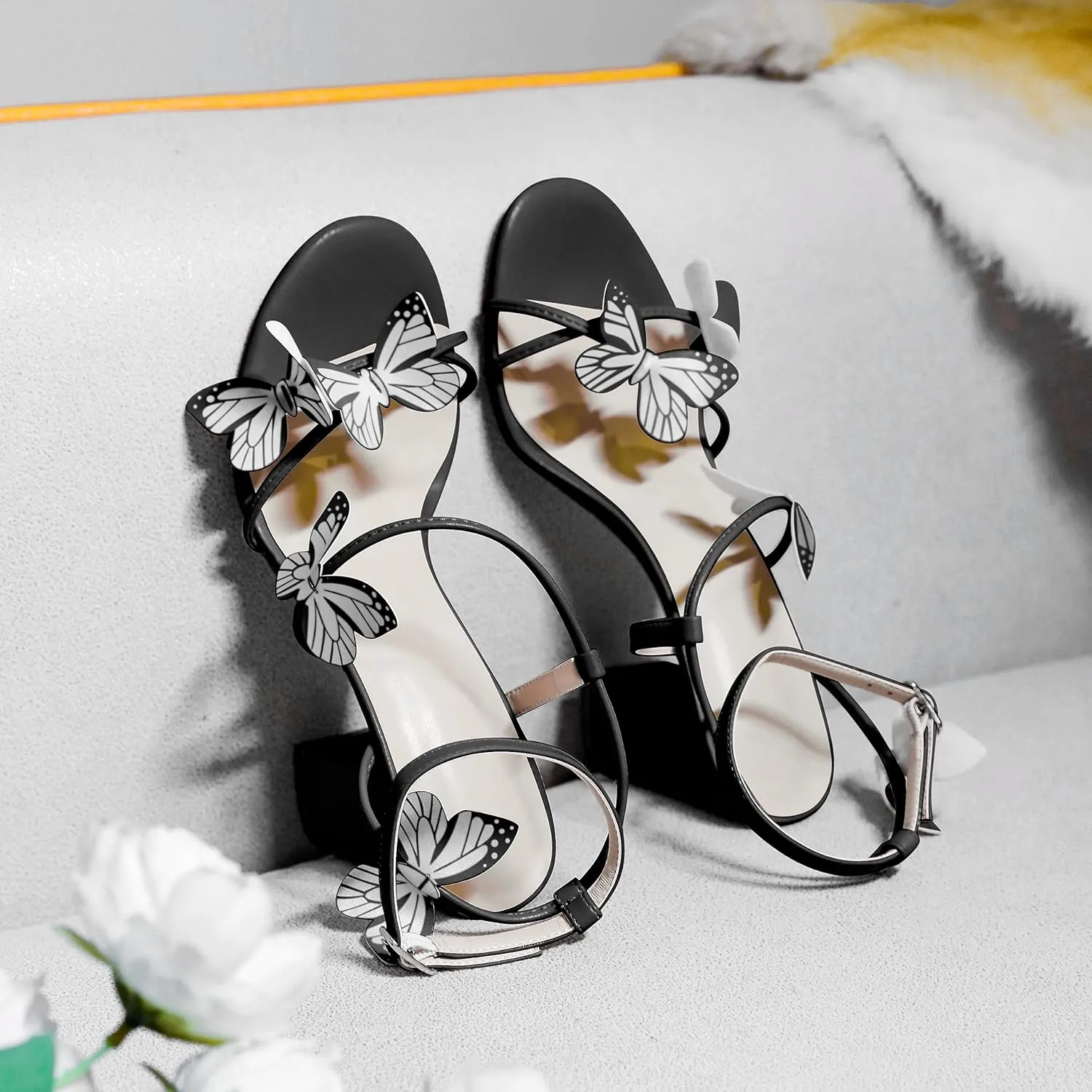 AUMOTED Womens Butterfly Sandals Chunky Block High Heels Strappy Open Round Toe Butterfly Heels 3.4 Inch Wedding Dress Shoes