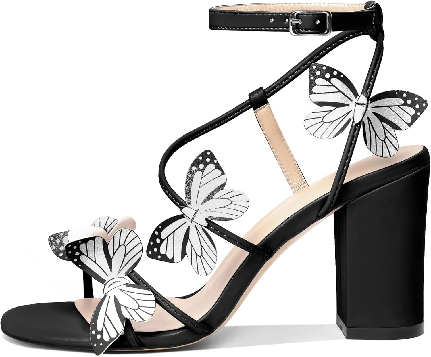 AUMOTED Womens Butterfly Sandals Chunky Block High Heels Strappy Open Round Toe Butterfly Heels 3.4 Inch Wedding Dress Shoes