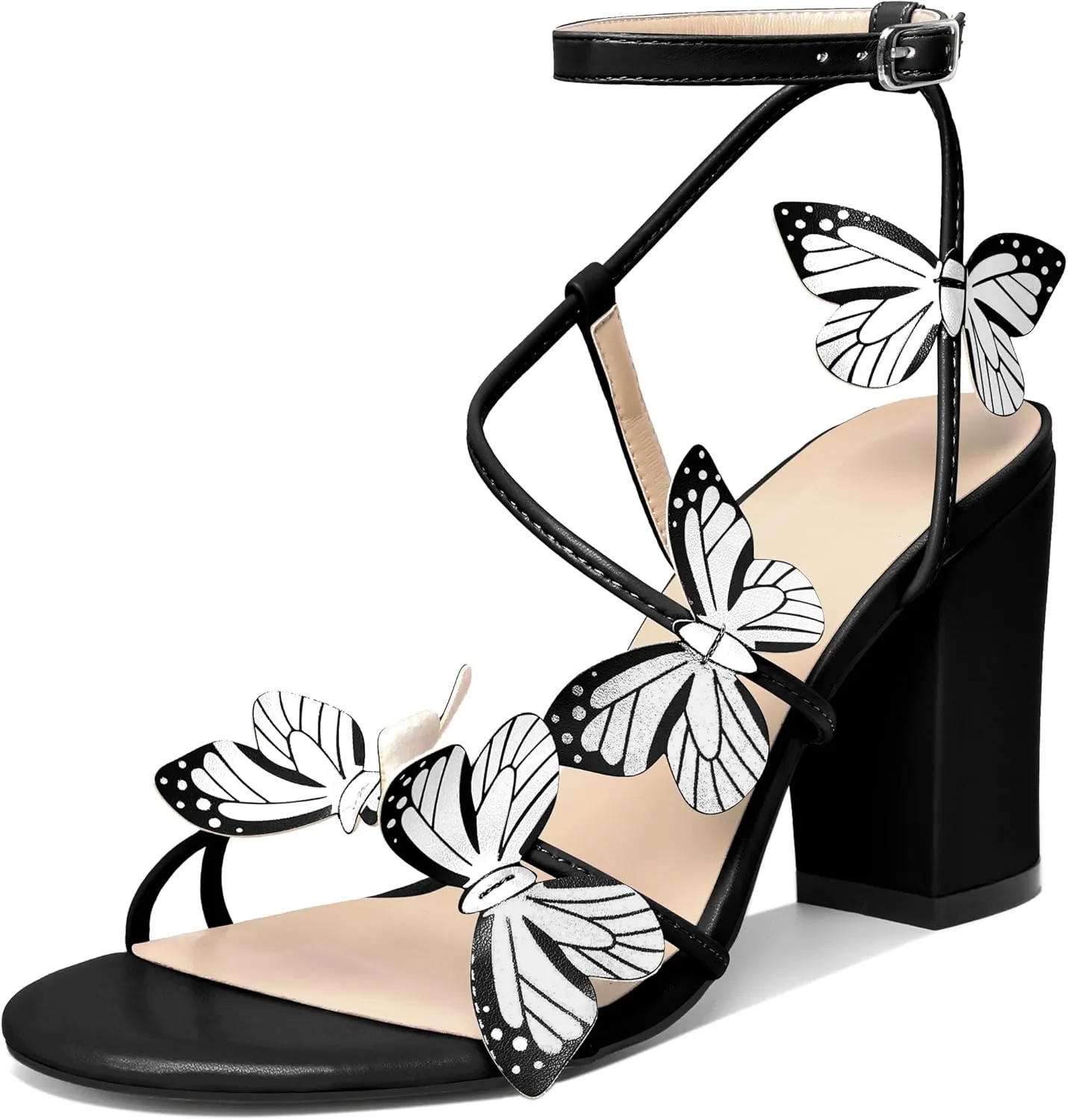 AUMOTED Womens Butterfly Sandals Chunky Block High Heels Strappy Open Round Toe Butterfly Heels 3.4 Inch Wedding Dress Shoes