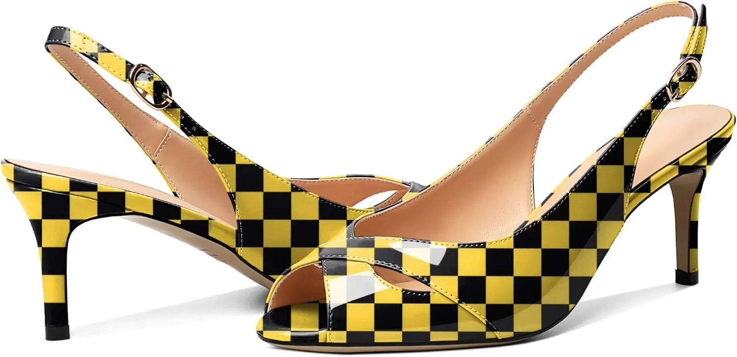 AUMOTED Womens Slingback Heels Peep Toe Stiletto Mid Heel Pumps Patent Leather Sexy Adjustable Strap Buckle Solid Dress Shoes 2.5 Inch
