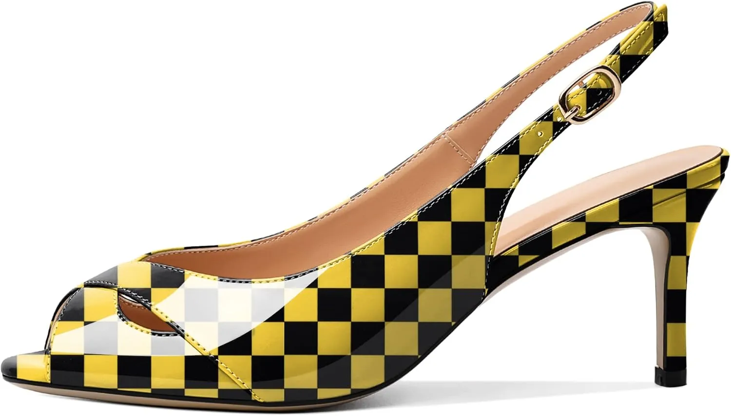 AUMOTED Womens Slingback Heels Peep Toe Stiletto Mid Heel Pumps Patent Leather Sexy Adjustable Strap Buckle Solid Dress Shoes 2.5 Inch