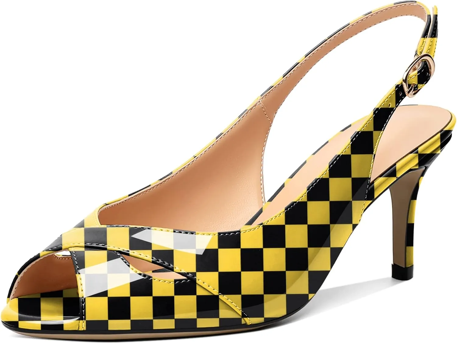 AUMOTED Womens Slingback Heels Peep Toe Stiletto Mid Heel Pumps Patent Leather Sexy Adjustable Strap Buckle Solid Dress Shoes 2.5 Inch