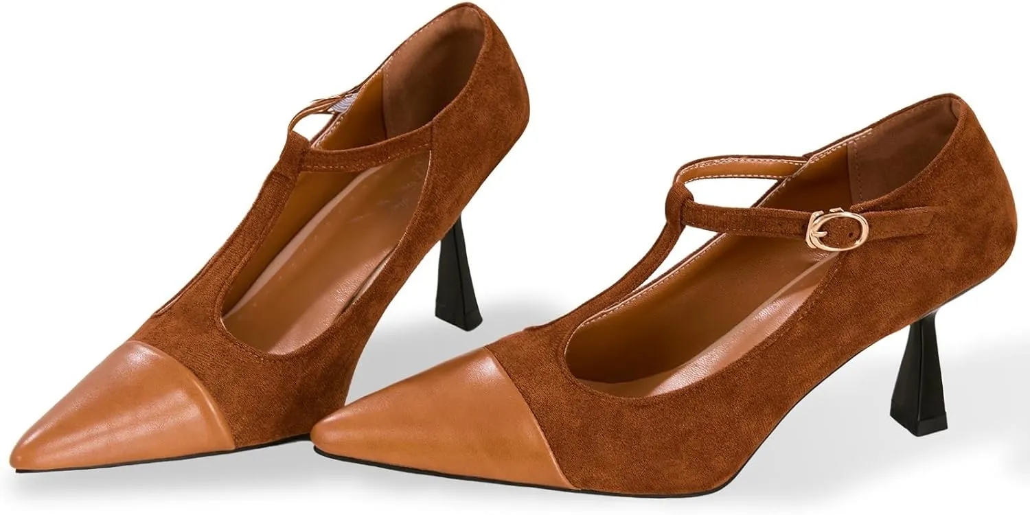 baobeijiadao Womens Pointed Toe Pumps Mid Kitten Heel T-Strap Heels Ankle Buckle Dressy Wedding Office Shoes