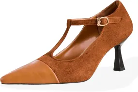 baobeijiadao Womens Pointed Toe Pumps Mid Kitten Heel T-Strap Heels Ankle Buckle Dressy Wedding Office Shoes