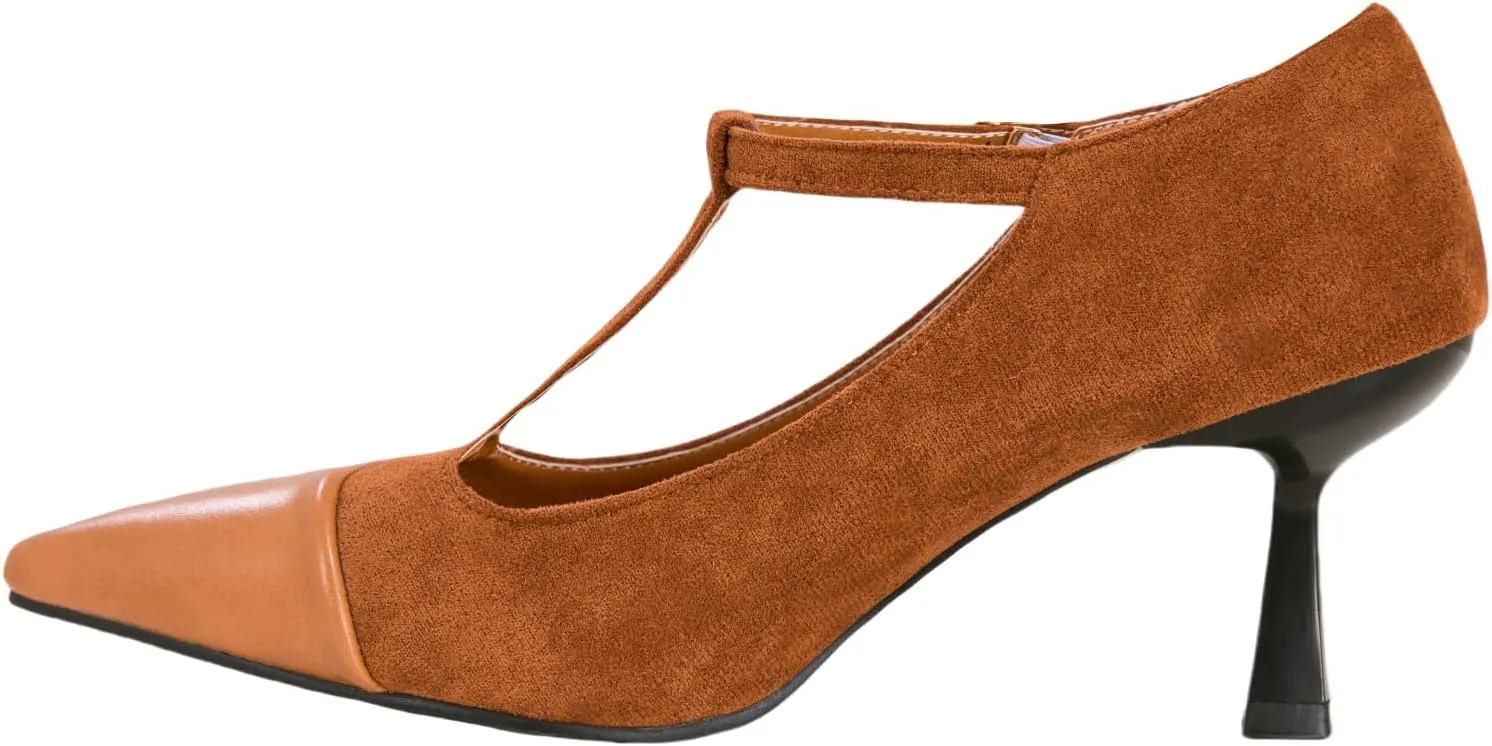 baobeijiadao Womens Pointed Toe Pumps Mid Kitten Heel T-Strap Heels Ankle Buckle Dressy Wedding Office Shoes