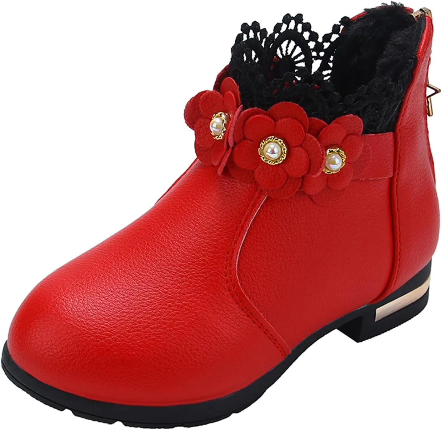 Big Kids Girls Fashion Ankle Boots Low Tube 3D Flower Faux  Lined Leather Boots Winter Formal Dress Shoes