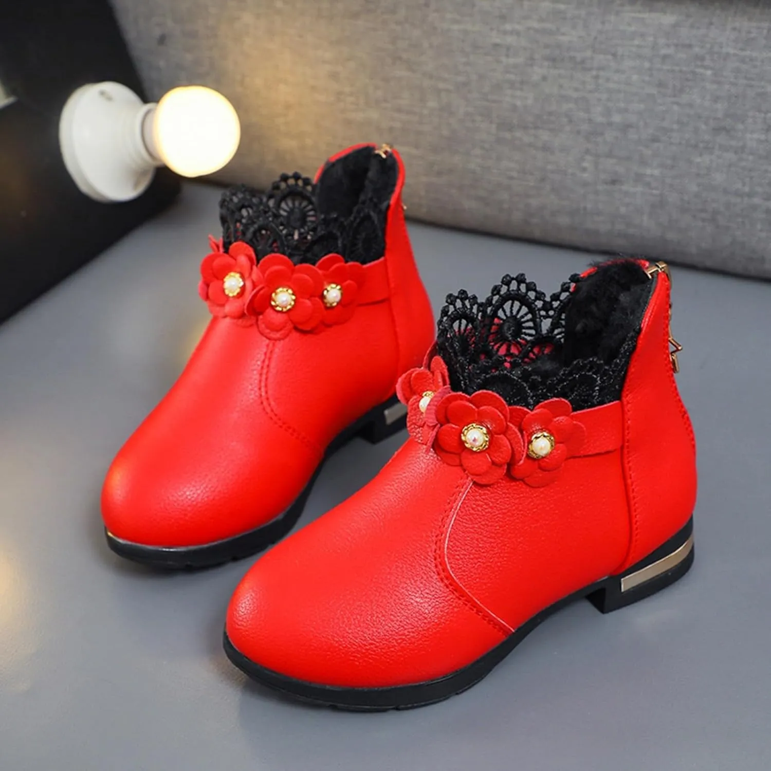 Big Kids Girls Fashion Ankle Boots Low Tube 3D Flower Faux  Lined Leather Boots Winter Formal Dress Shoes