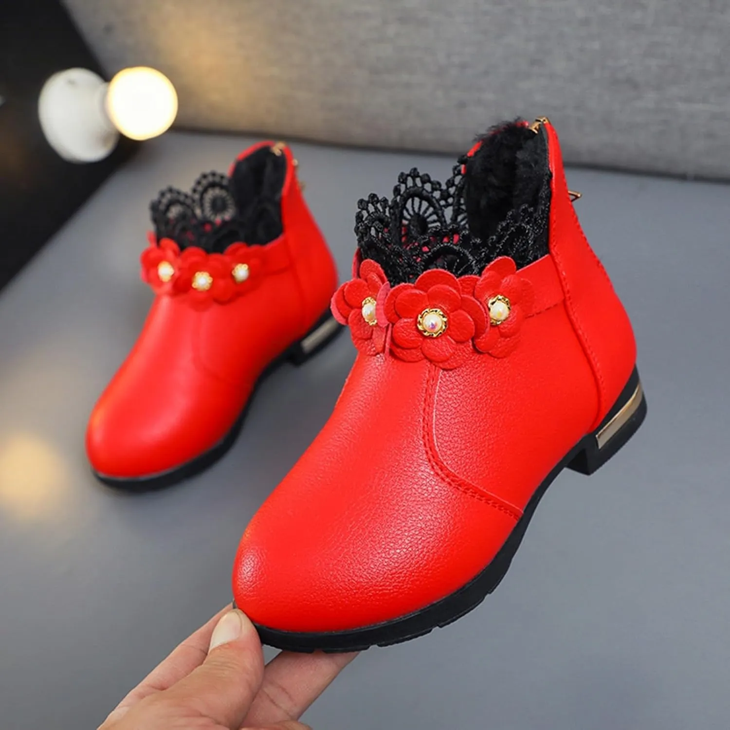 Big Kids Girls Fashion Ankle Boots Low Tube 3D Flower Faux  Lined Leather Boots Winter Formal Dress Shoes