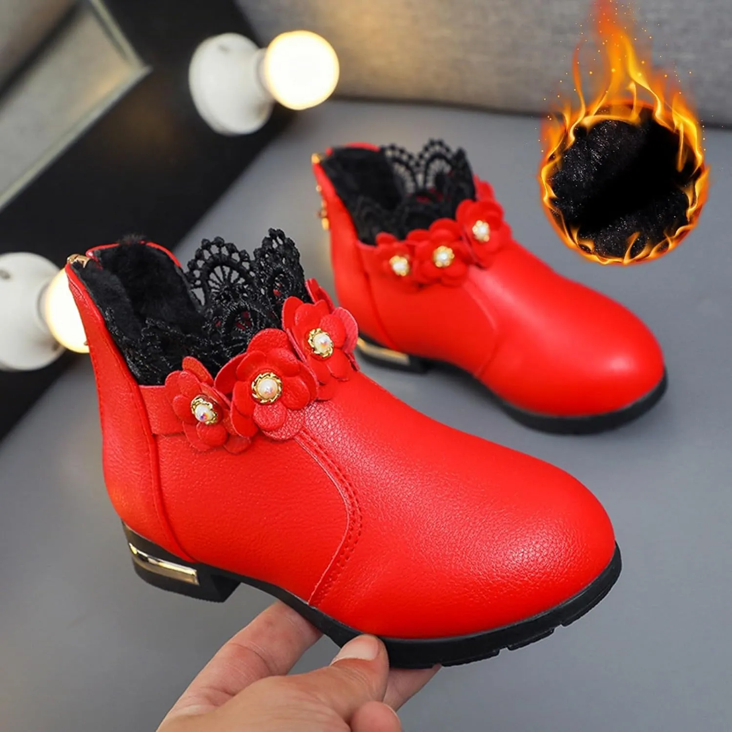 Big Kids Girls Fashion Ankle Boots Low Tube 3D Flower Faux  Lined Leather Boots Winter Formal Dress Shoes