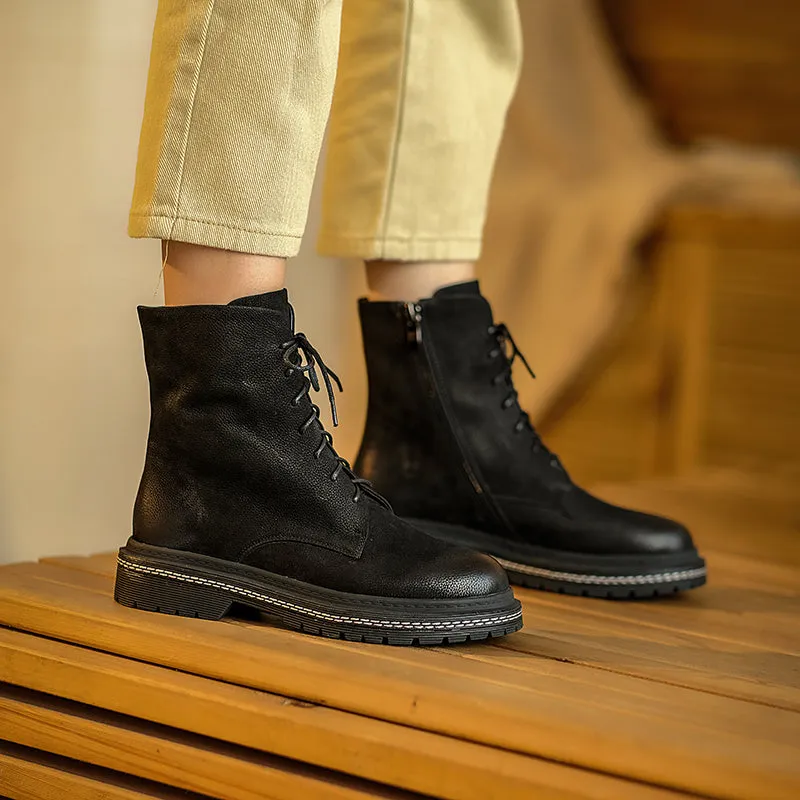 Bigsizeheels Round toe cowhide vintage Martin Boots - Black