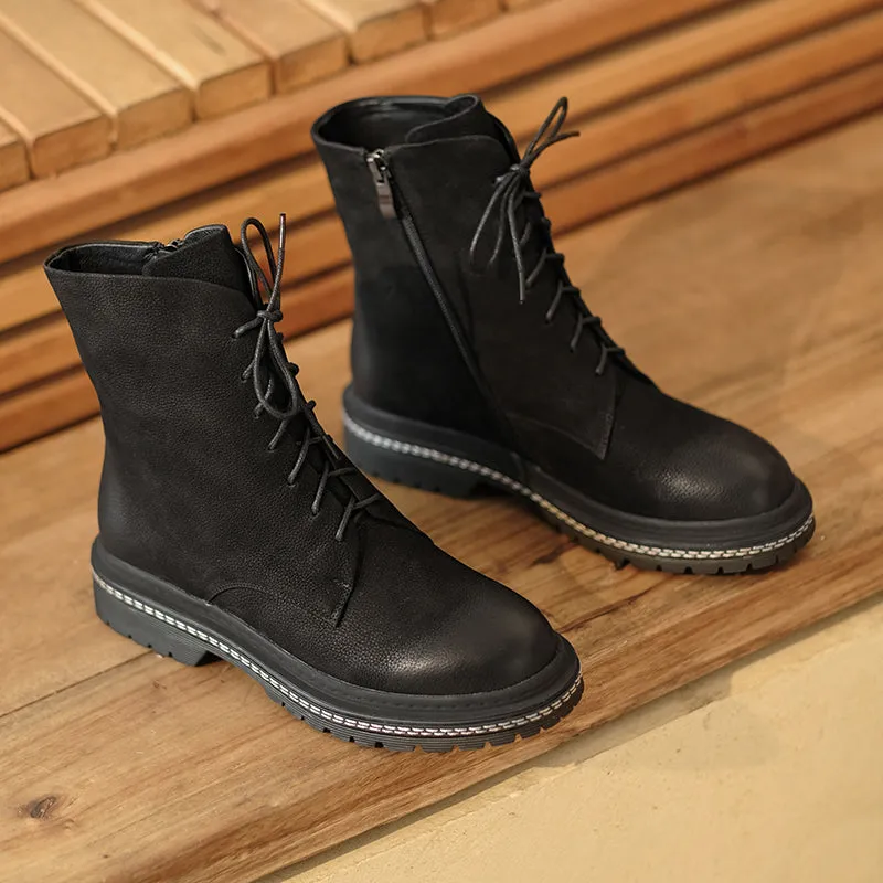 Bigsizeheels Round toe cowhide vintage Martin Boots - Black