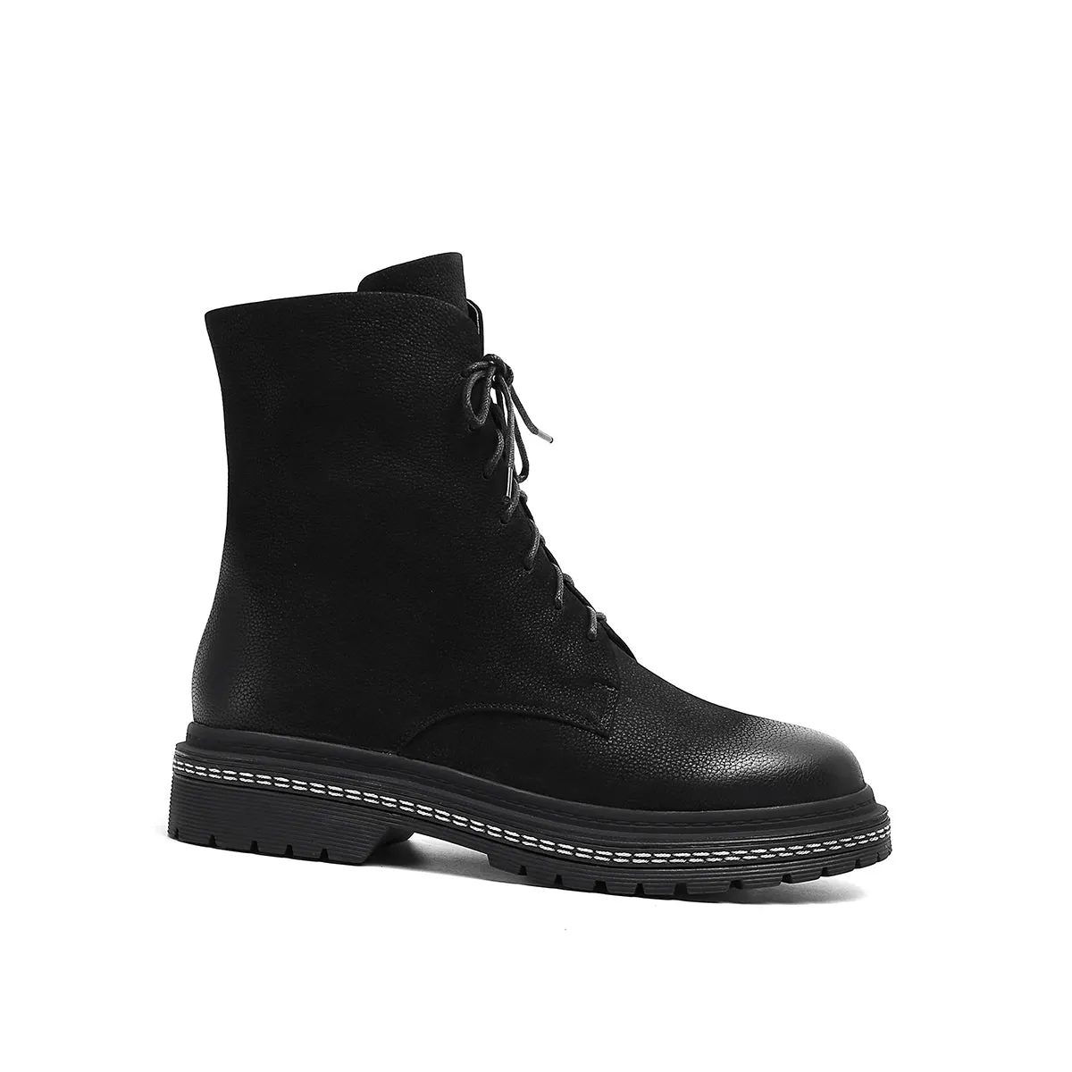 Bigsizeheels Round toe cowhide vintage Martin Boots - Black
