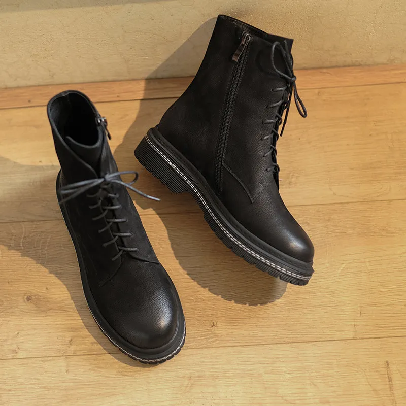 Bigsizeheels Round toe cowhide vintage Martin Boots - Black