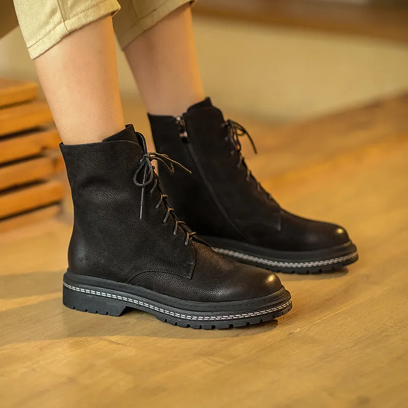 Bigsizeheels Round toe cowhide vintage Martin Boots - Black