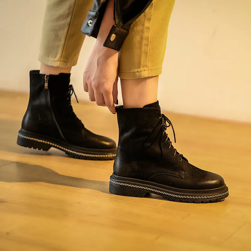 Bigsizeheels Round toe cowhide vintage Martin Boots - Black