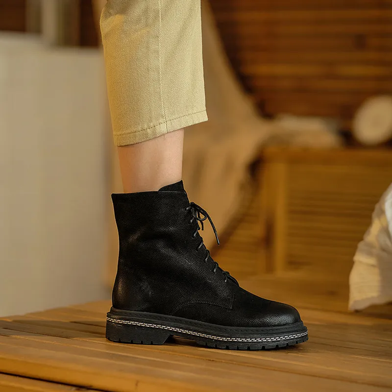 Bigsizeheels Round toe cowhide vintage Martin Boots - Black