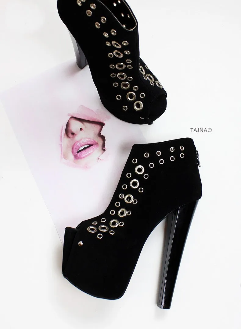 Black Punch Peep Toe Ankle Platform Booties
