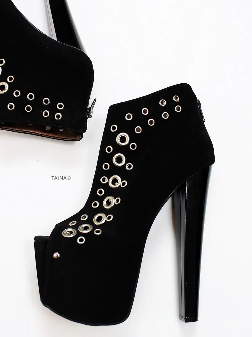 Black Punch Peep Toe Ankle Platform Booties
