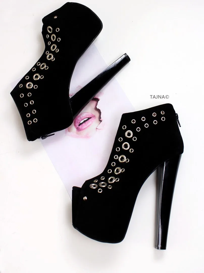 Black Punch Peep Toe Ankle Platform Booties