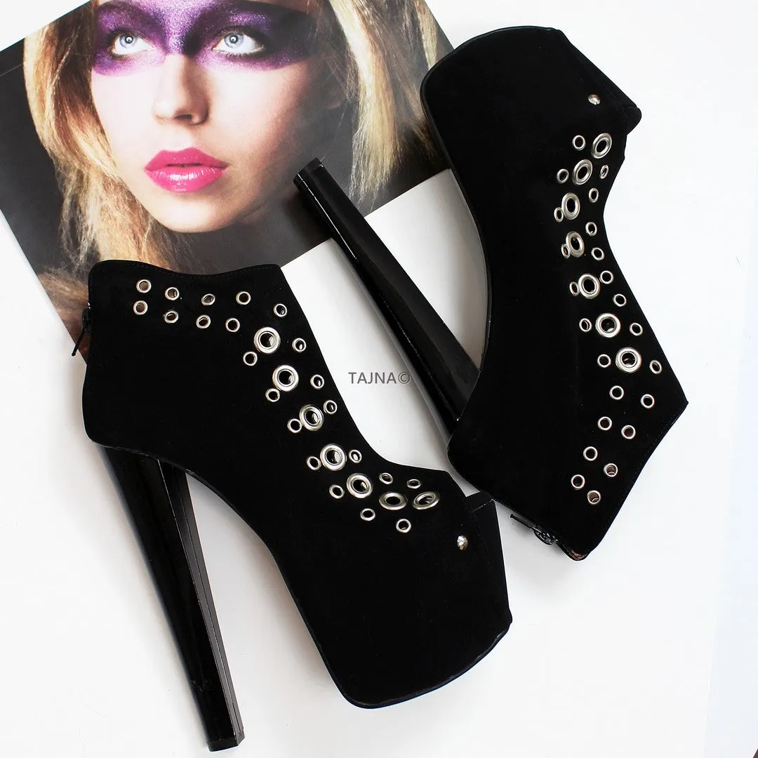Black Punch Peep Toe Ankle Platform Booties