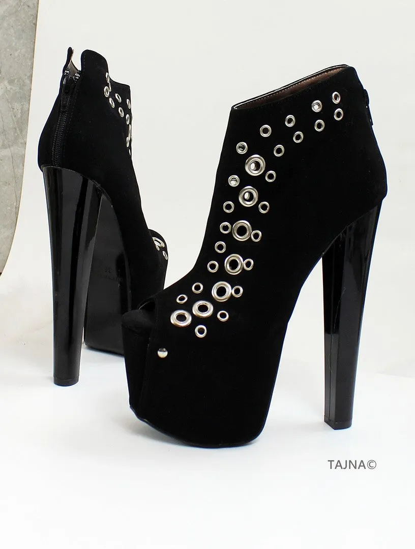 Black Punch Peep Toe Ankle Platform Booties