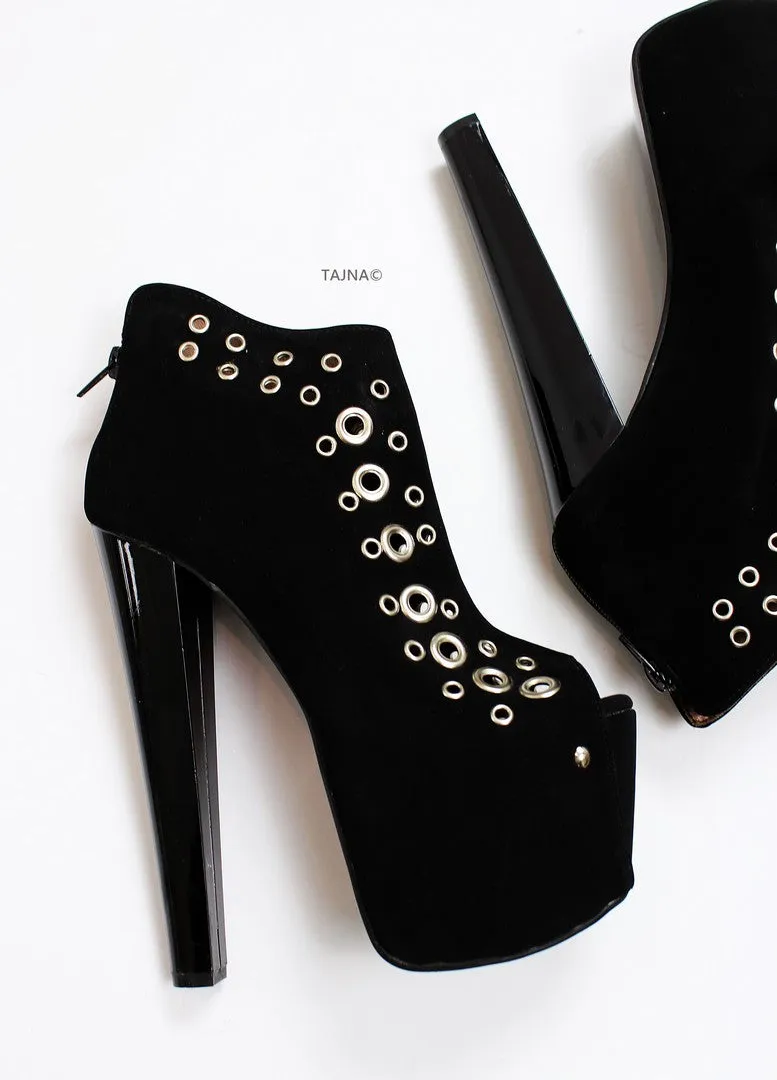 Black Punch Peep Toe Ankle Platform Booties