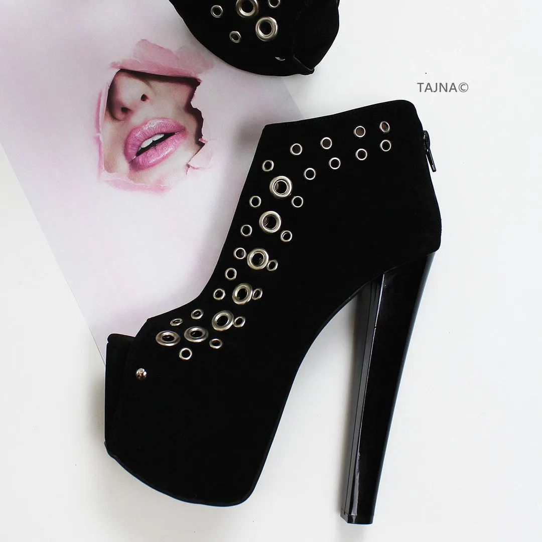 Black Punch Peep Toe Ankle Platform Booties