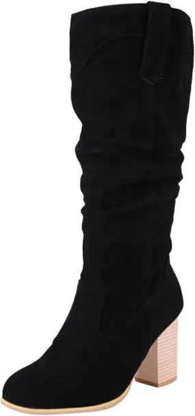 Boots for Women, Vintage Wide Pull On Leather Ruched Shoes Pointed Toe Faux Suede Slouch Chunky Heel Knee High Boots