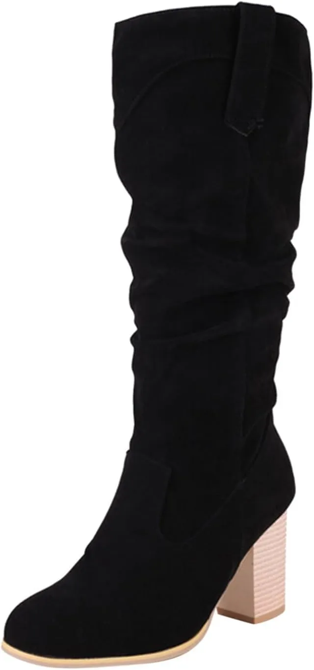Boots for Women, Vintage Wide Pull On Leather Ruched Shoes Pointed Toe Faux Suede Slouch Chunky Heel Knee High Boots