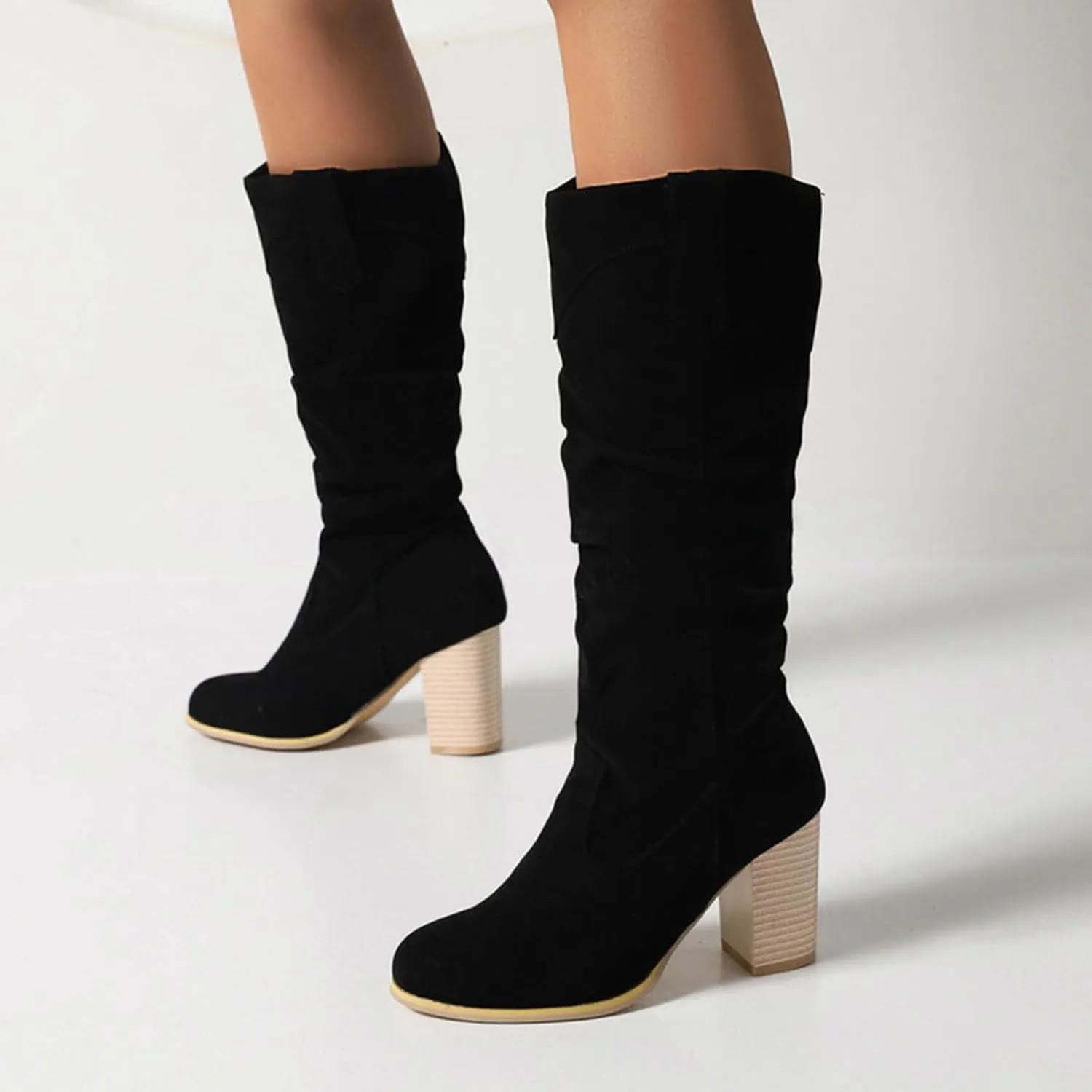 Boots for Women, Vintage Wide Pull On Leather Ruched Shoes Pointed Toe Faux Suede Slouch Chunky Heel Knee High Boots