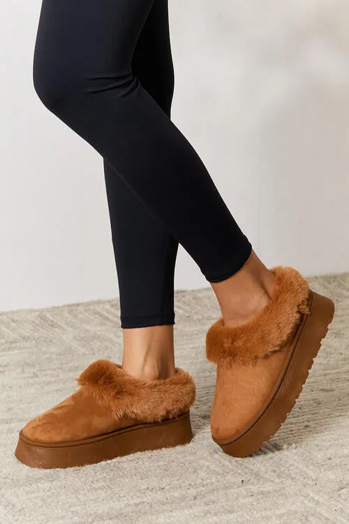 Camel Furry Chunky Platform Ankle Boots