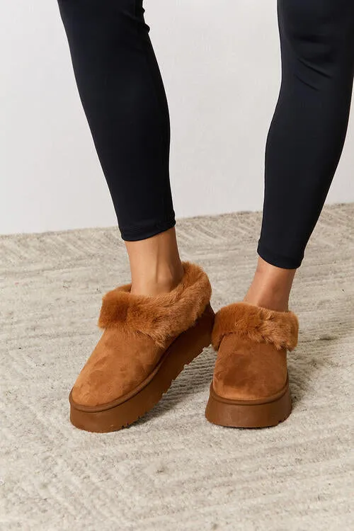 Camel Furry Chunky Platform Ankle Boots