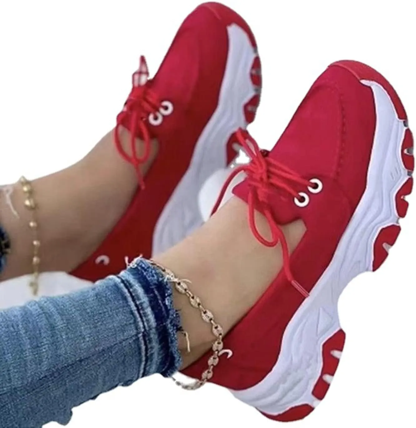 CANIAN 2023 Women's Platform lace-up Trainers, Breathable, Casual, Flat Running Shoes, Fashionable, Comfortable, Round Toe Single Shoes,Red,38