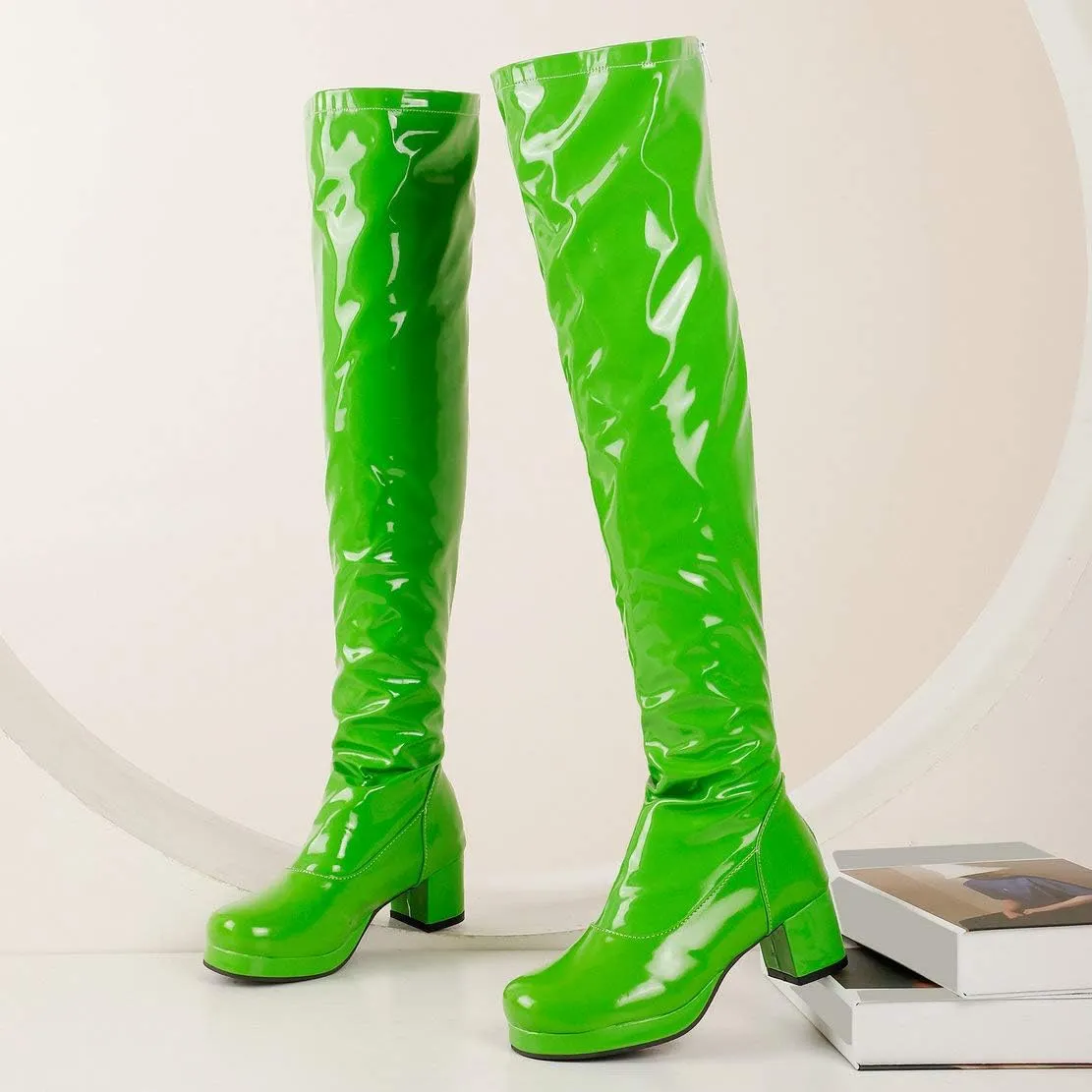 Caradise Womens GOGO Patent Thigh High Platform Chunky Heeled Over The Knee Full Zip Boots