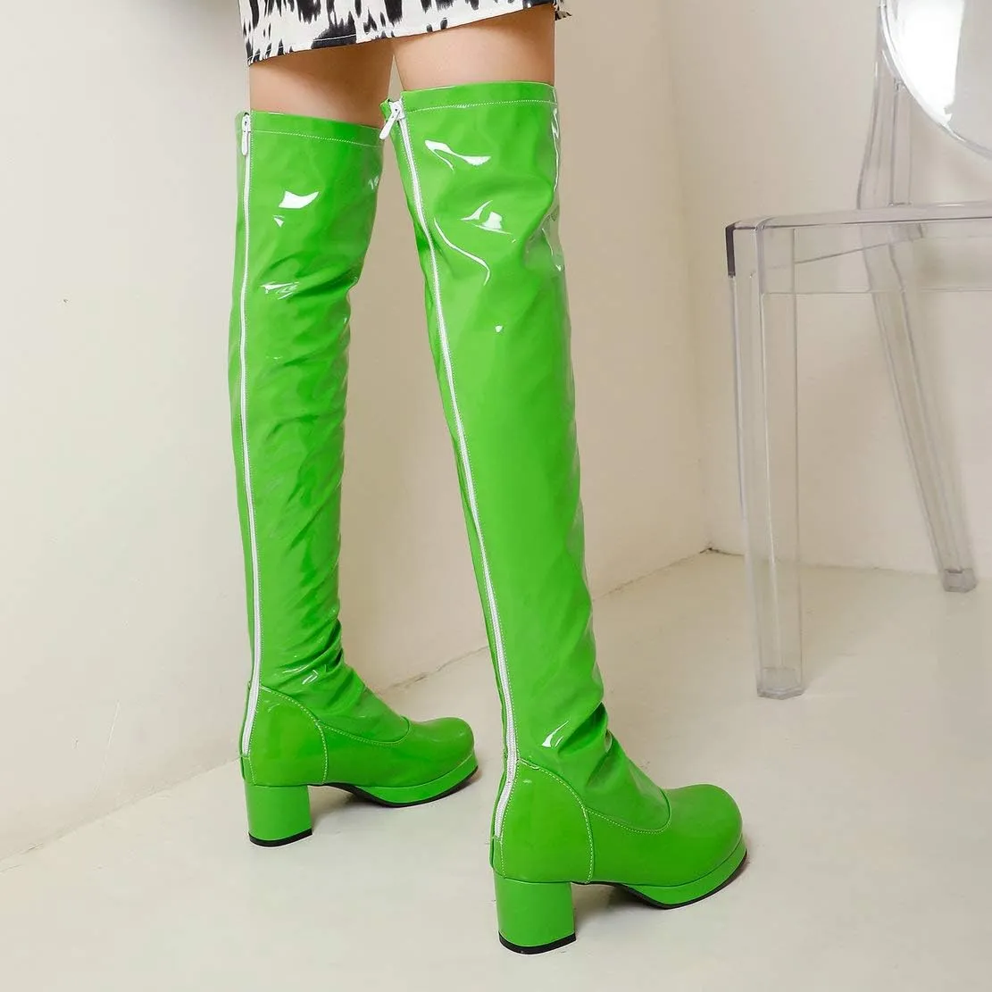 Caradise Womens GOGO Patent Thigh High Platform Chunky Heeled Over The Knee Full Zip Boots